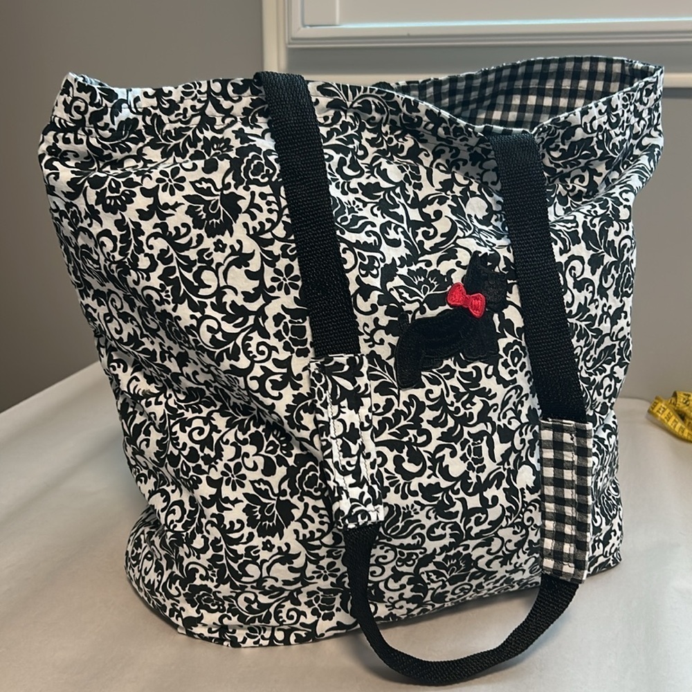 Black White Floral Check Dog Decal Cottagecore Tote Bag
